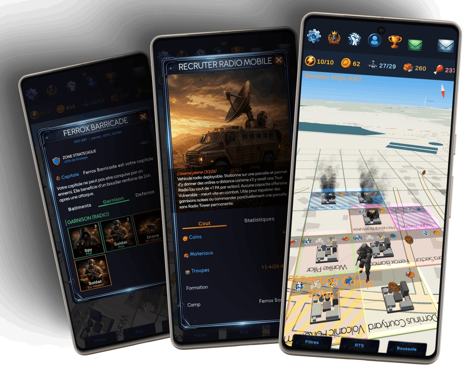 LandConquest - Captures d'écran du jeu montrant la carte 3D, les bâtiments et la gestion de territoire